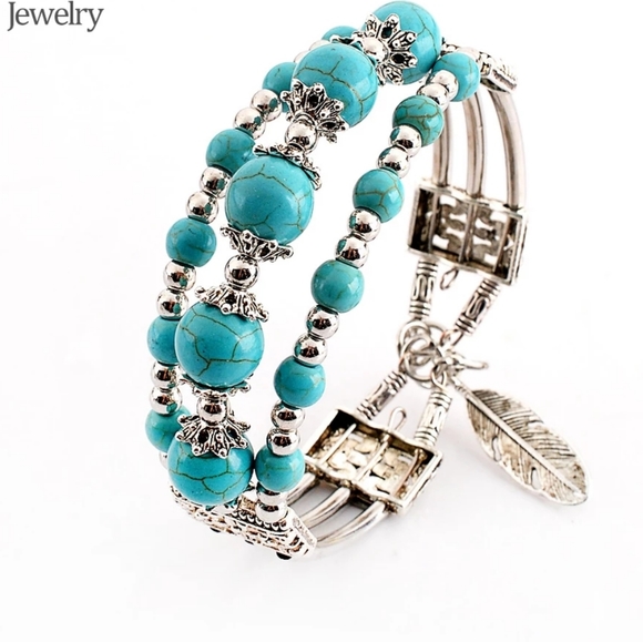 LEAF BOHEMIAN BOHO VINTAGE TURQUOISES BRACELET - Picture 2 of 6